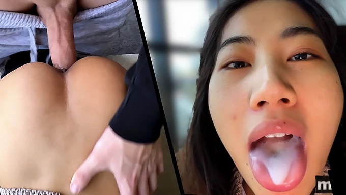 Asian teen enjoys big cock and swallows cum in interracial encounter