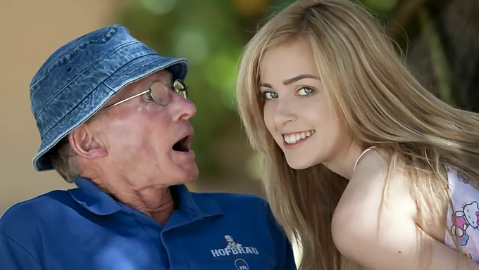 A young girl gives an outdoor blowjob to her grandfather and swallows his ejaculation