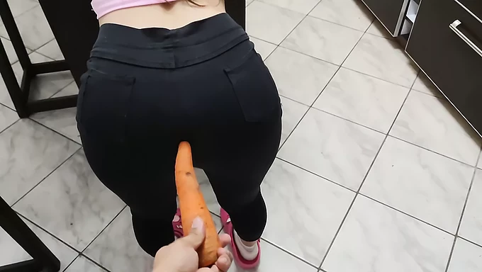 Young wife craves a big dick and uses a carrot in her ass to prepare