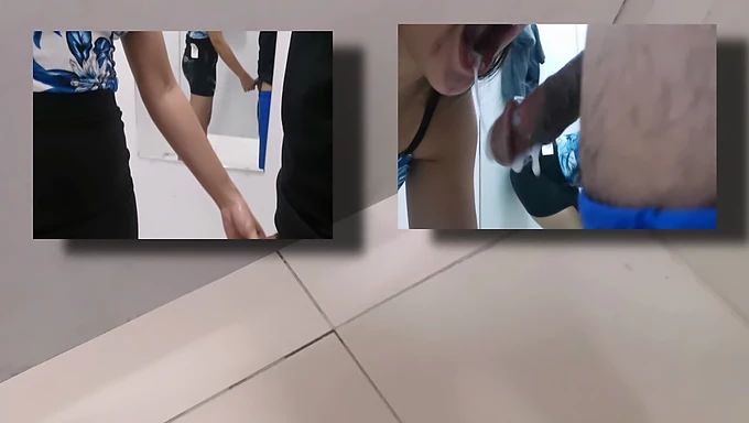 Fitness enthusiast saleswoman gives customer a sensual oral experience in the mall